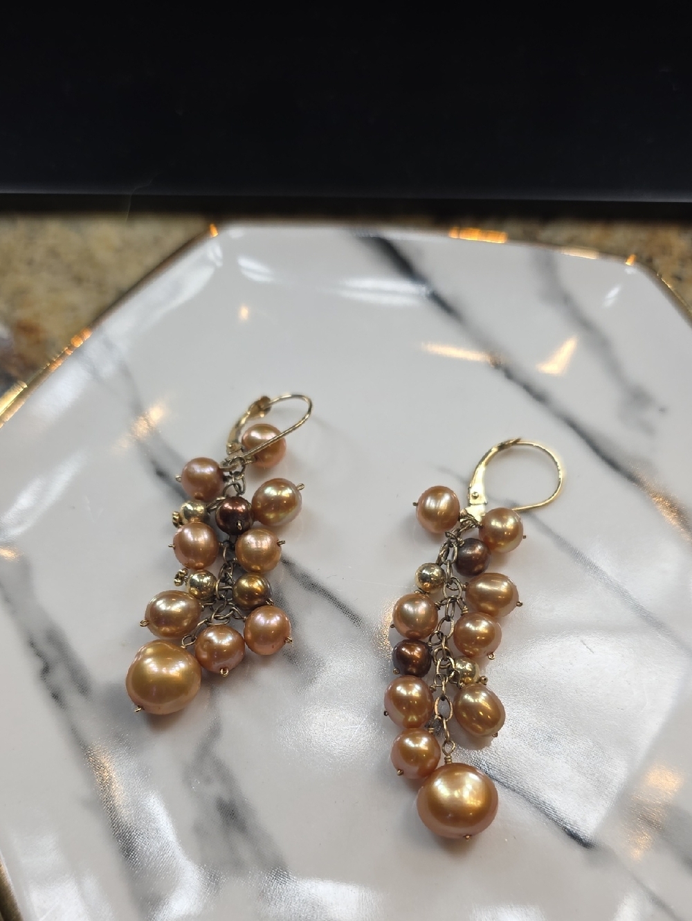 14k Gold Champagne Pearl Cluster Drop Earrings